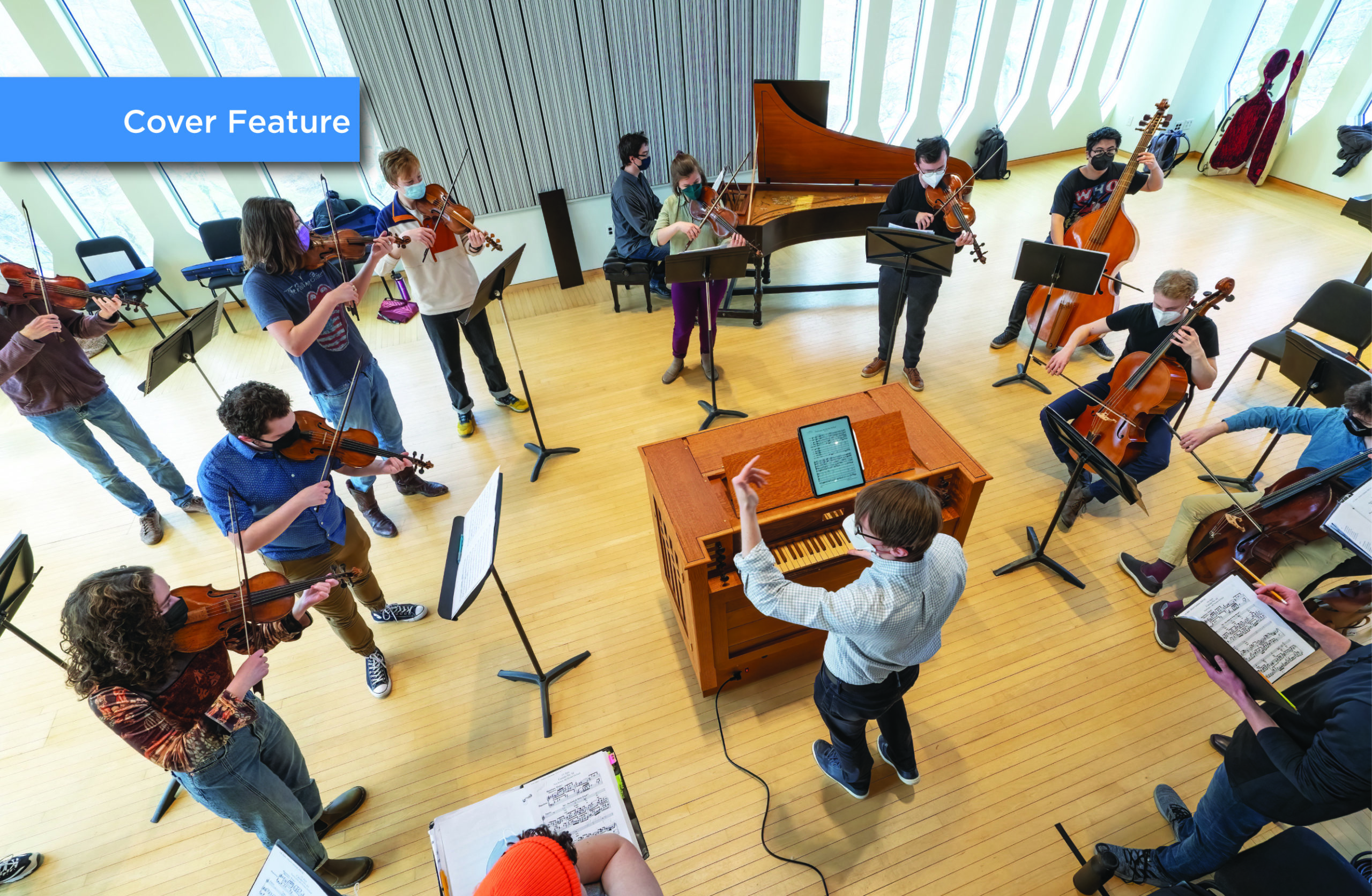 Fisk June 2022 TAO Cover: Mark Edwards, assistant professor of harpsichord, leads a rehearsal of the Oberlin Baroque Orchestra.